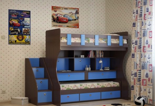 سرير بطابقين مع أرفف وأدراج