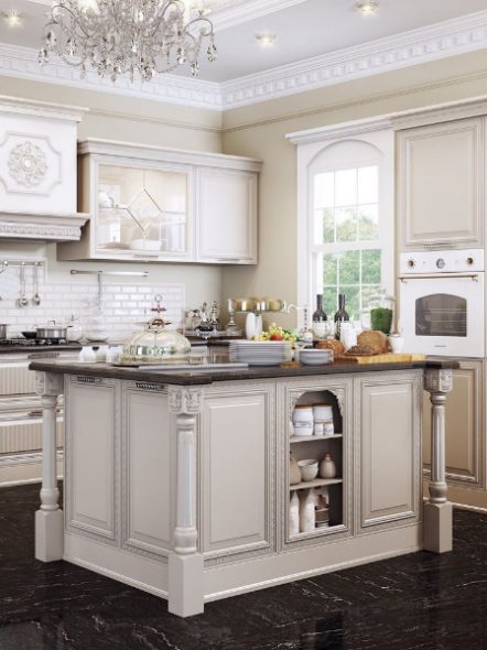 الطابق الأسود في المطبخ الأبيض