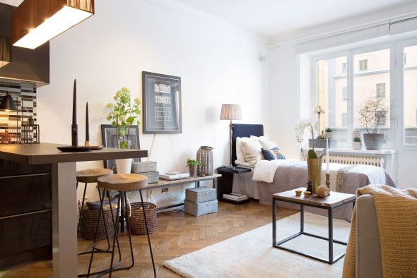 تم تأطير المطبخ في الشقة المشرقة بألوان داكنة.