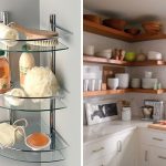 أرفف زجاجية وزوايا خشبية على الحائط