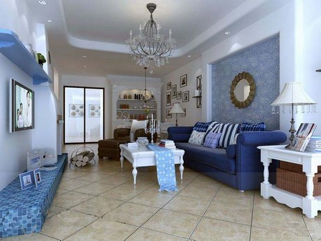 أريكة زرقاء في المناطق الداخلية للغرفة