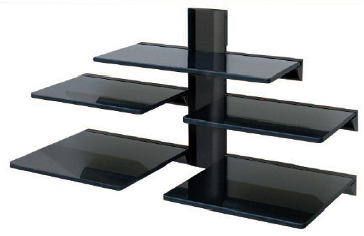 تم تصميم الرف الزجاجي الموجود أسفل التلفزيون ليتم وضعه على الحائط.