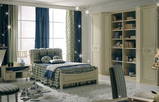 غرفة نوم مريحة للأطفال في منزل ريفي بجانب النافذة الضخمة