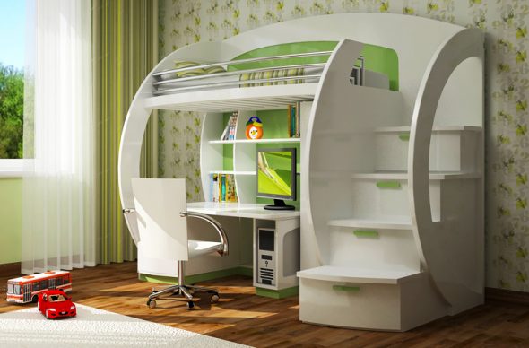 سرير علوي أبيض مع مساحة عمل