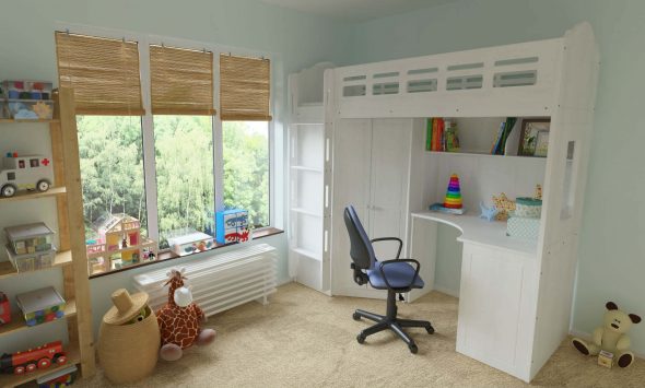 سرير علوي خشبي أبيض مع خزانة ملابس زاوية