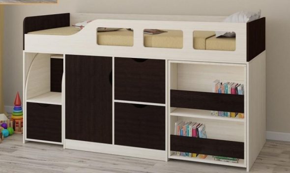 سرير علوي مع سلم قابل للطي وخزانة