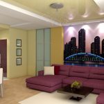 اللون الأصفر والأرجواني في المناطق الداخلية من غرفة المعيشة لتناول الطعام