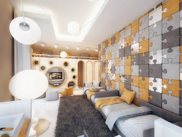 ترتيب ثلاثة أسرة مفردة في غرفة الأطفال