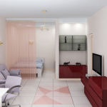 يتم فصل منطقة المعيشة بواسطة ستارة شفافة من منطقة الجلوس.