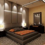 غرفة نوم بتصميم عصري مع سرير على المنصة
