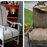 كرسي بذراعين أنيق مع أرجل ومقابض مجعدة قبل وبعد الترميم