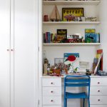 رف فوق المكتب في مكان صغير