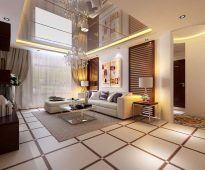 لوحة مرآة من لوحات كبيرة على سقف غرفة المعيشة