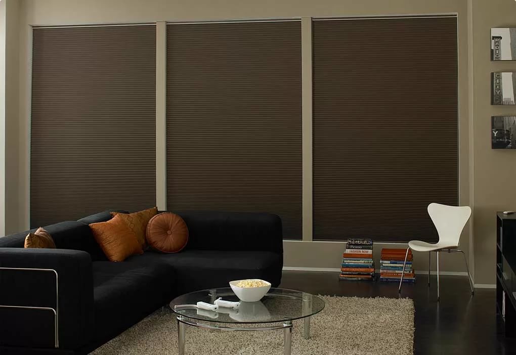 نوافذ غرفة المعيشة مع الستائر الدوارة