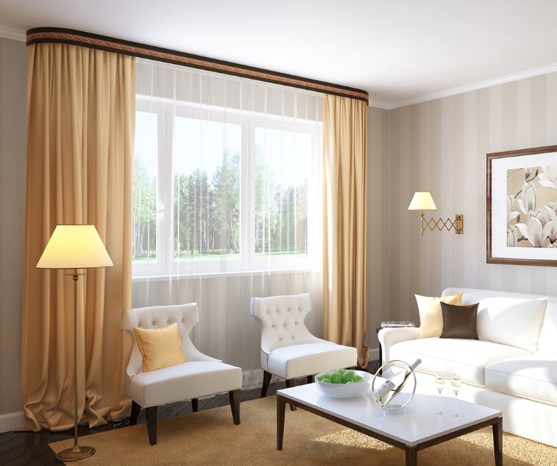 نافذة الديكور مع الستائر على الطنف مع حواف مدورة